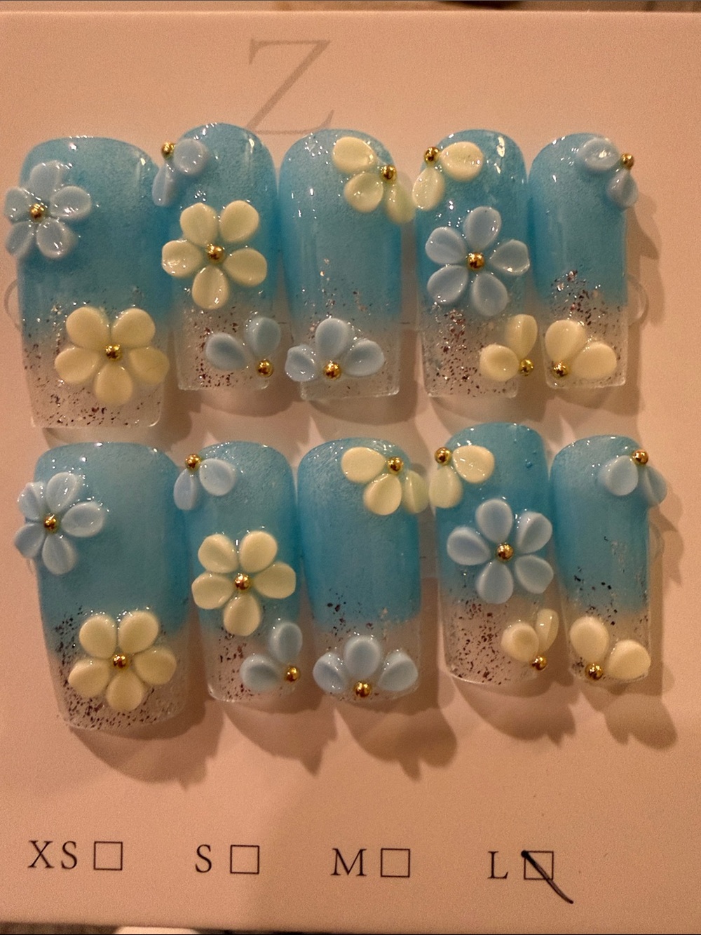 Blue Floral 3D hand made acrylic Press-On Nail Set